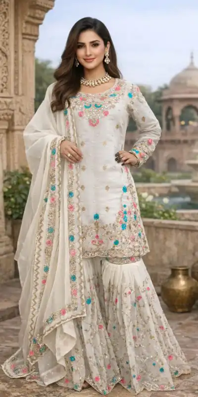 RTC 5956 White Organza Silk Salwar Suit Perfect for Wedding, Party, Mehendi, Lohri, Housewarming – . Special Price ₹3049. Delivery 4-6 Working Days. | Jump Suits, Straight Suits, Tops & Bottoms, Track Suits, Trendy Wear, Casual Suits, Creative suits, Designer Suits, Palazzo Suits, Party Wear Suits, Patiala Suits, Salwar suit