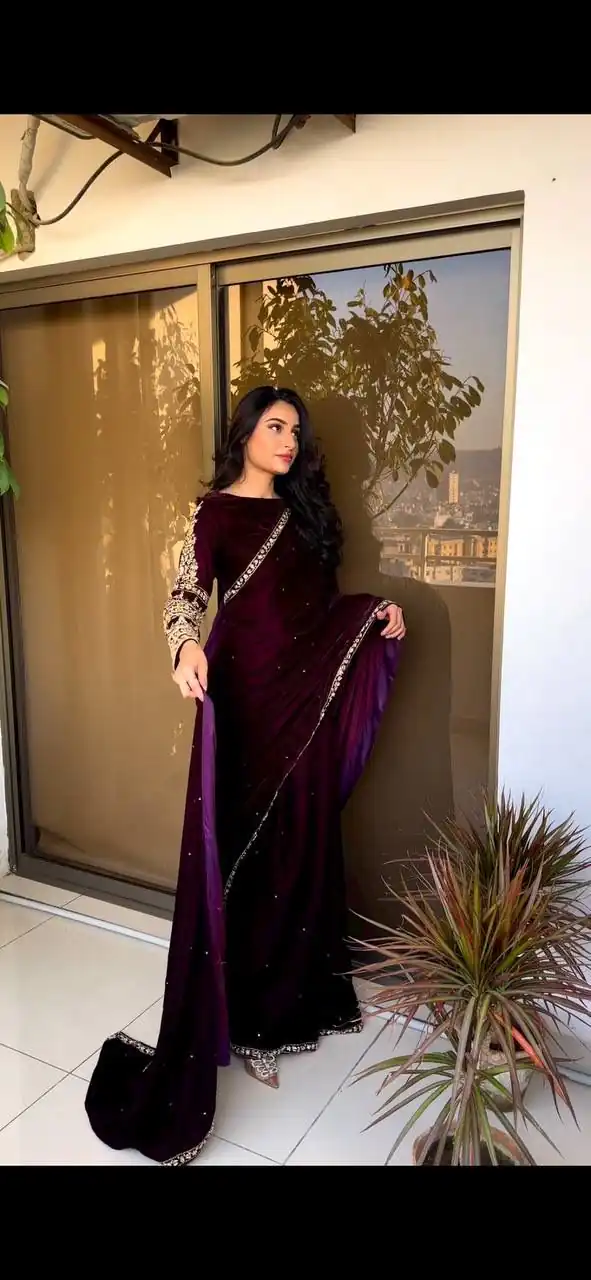 ST 403 Wine in 9000 Velvet Embroidery Work & Lace Work Saree . Introductory Price ₹1999. Delivery 4-6 Working Days. Shop now. | Bollywood Sarees, Creative Sarees, Designer Sarees, Embroidered Sarees, Ethnic Saree, Modern Digital sarees, Party Wear Sarees, Sarees