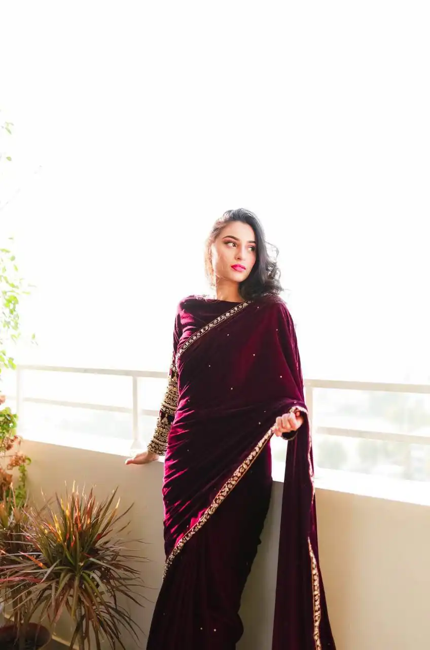 ST 403 Wine in 9000 Velvet Embroidery Work & Lace Work Saree . Introductory Price ₹1999. Delivery 4-6 Working Days. Shop now. | Bollywood Sarees, Creative Sarees, Designer Sarees, Embroidered Sarees, Ethnic Saree, Modern Digital sarees, Party Wear Sarees, Sarees