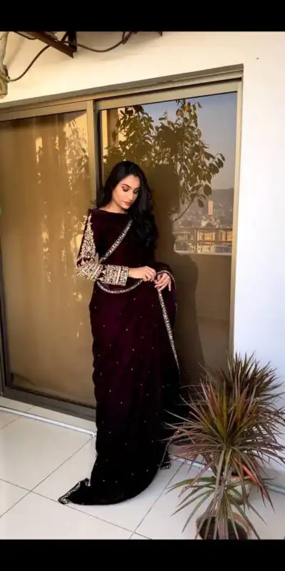 ST 403 Wine in 9000 Velvet Embroidery Work & Lace Work Saree . Introductory Price ₹1999. Delivery 4-6 Working Days. Shop now. | Bollywood Sarees, Creative Sarees, Designer Sarees, Embroidered Sarees, Ethnic Saree, Modern Digital sarees, Party Wear Sarees, Sarees
