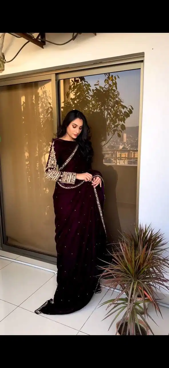 ST 403 Wine in 9000 Velvet Embroidery Work & Lace Work Saree . Introductory Price ₹1999. Delivery 4-6 Working Days. Shop now. | Bollywood Sarees, Creative Sarees, Designer Sarees, Embroidered Sarees, Ethnic Saree, Modern Digital sarees, Party Wear Sarees, Sarees