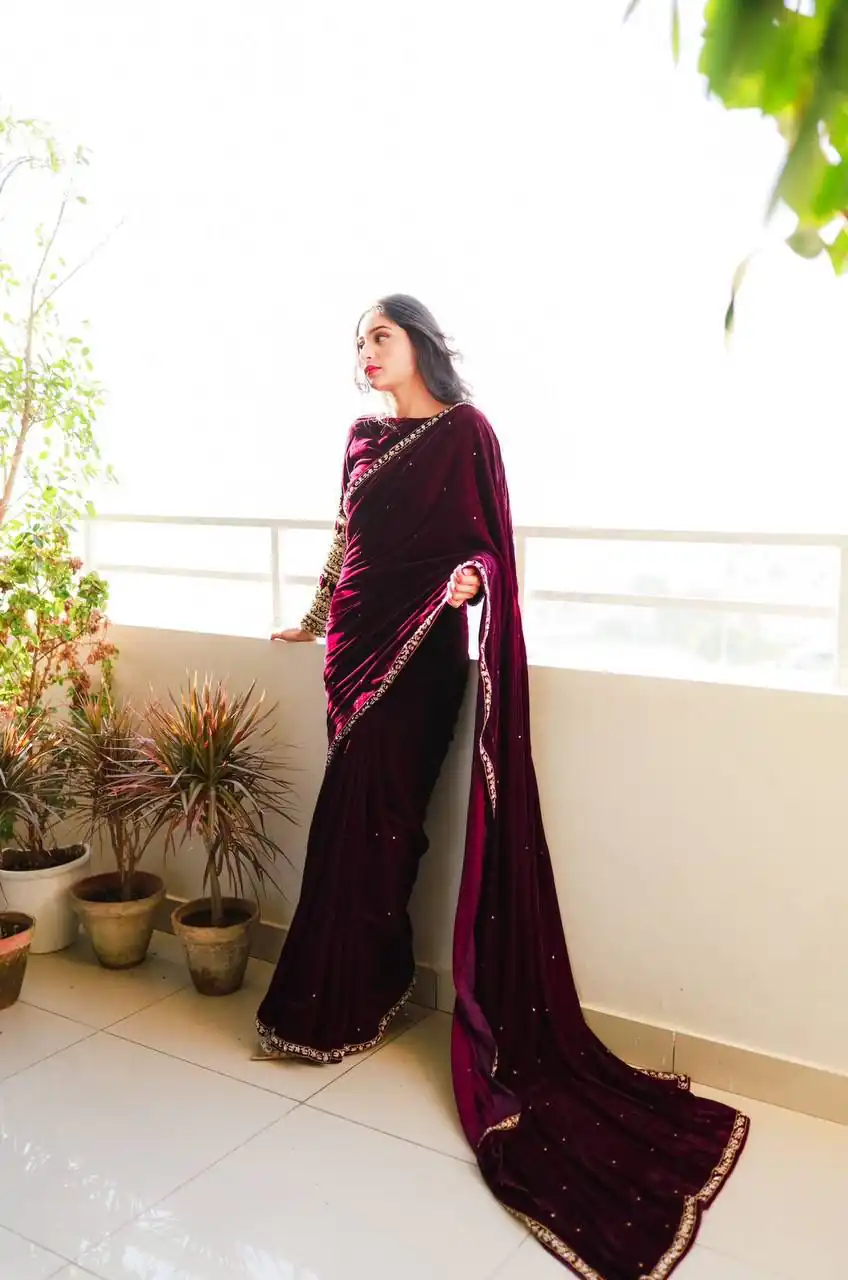ST 403 Wine in 9000 Velvet Embroidery Work & Lace Work Saree . Introductory Price ₹1999. Delivery 4-6 Working Days. Shop now. | Bollywood Sarees, Creative Sarees, Designer Sarees, Embroidered Sarees, Ethnic Saree, Modern Digital sarees, Party Wear Sarees, Sarees