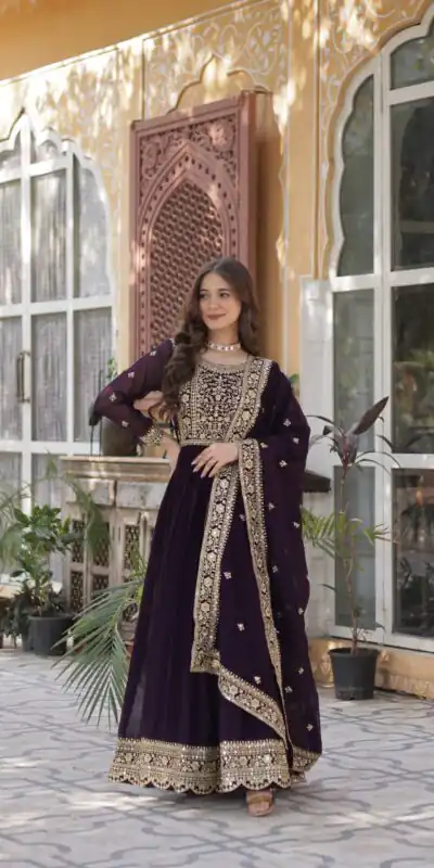 KA 1153 Wine Faux Blooming Gown with Embroidery Work & Zari Work. Available at ₹2599 only. Delivery 4-6 Working Days. Shop now. | Bollywood Gowns, Creative Gowns, Designer Gowns, Embroidered Gowns, Gowns, Party Wear Gowns