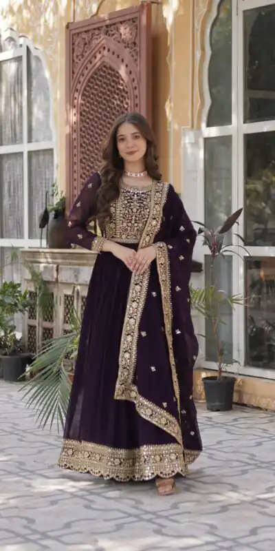KA 1153 Wine Faux Blooming Gown with Embroidery Work & Zari Work. Available at ₹2599 only. Delivery 4-6 Working Days. Shop now. | Bollywood Gowns, Creative Gowns, Designer Gowns, Embroidered Gowns, Gowns, Party Wear Gowns