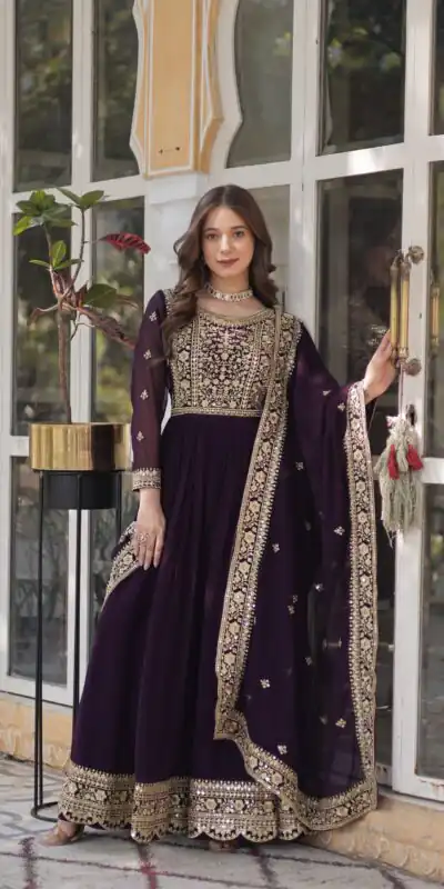 KA 1153 Wine Faux Blooming Gown with Embroidery Work & Zari Work. Available at ₹2599 only. Delivery 4-6 Working Days. Shop now. | Bollywood Gowns, Creative Gowns, Designer Gowns, Embroidered Gowns, Gowns, Party Wear Gowns