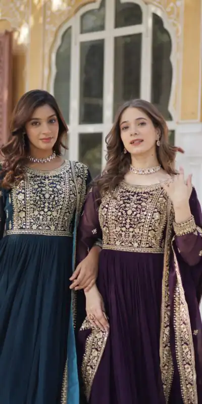 KA 1153 Wine Faux Blooming Gown with Embroidery Work & Zari Work. Available at ₹2599 only. Delivery 4-6 Working Days. Shop now. | Bollywood Gowns, Creative Gowns, Designer Gowns, Embroidered Gowns, Gowns, Party Wear Gowns