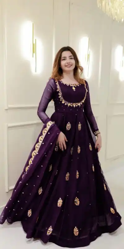 LG 2006 Wine Georgette Gown Perfect for Wedding, Party, Engagement, Diwali, Sangeet . Exclusive Offer ₹1999. Delivery 4-6 Working Days. Shop now. | Bollywood Gowns, Creative Gowns, Designer Gowns, Embroidered Gowns, Gowns, Party Wear Gowns