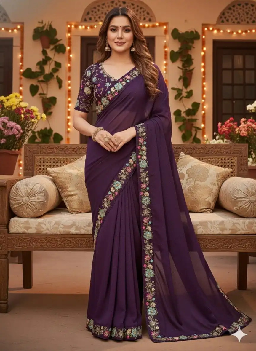 JR 658 Wine in Color Star Georgette ace Work & Embroidery Work Saree . Now at just ₹1699. Delivery 4-6 Working Days. Shop now. | Bollywood Sarees, Creative Sarees, Designer Sarees, Embroidered Sarees, Ethnic Saree, Modern Digital sarees, Party Wear Sarees, Sarees