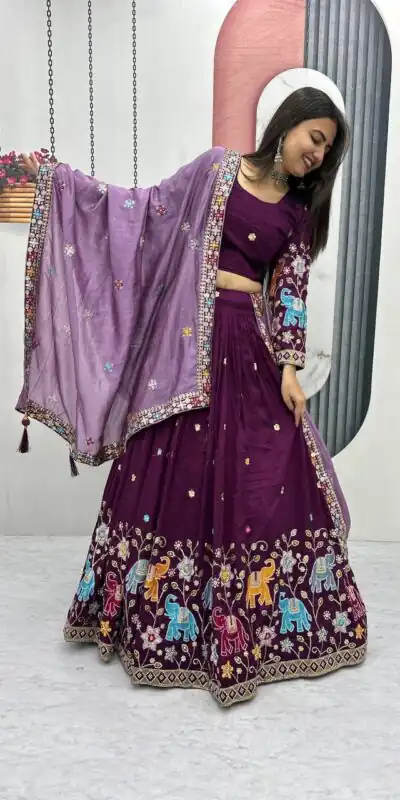 PC 545 Wine Vichitra Silk Lehenga Choli with Lace Border & Lace Work. Special Price ₹3249. Delivery 4-6 Working Days. Shop now. | Bollywood Lehenga, Creative Lehenga, Designer Lehenga, Embroidered Lehenga, Lehenga, Party Wear Lehenga