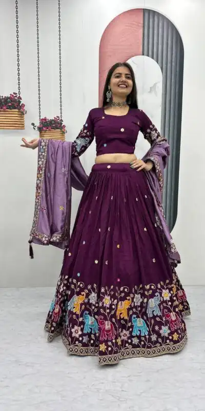 PC 545 Wine Vichitra Silk Lehenga Choli with Lace Border & Lace Work. Special Price ₹3249. Delivery 4-6 Working Days. Shop now. | Bollywood Lehenga, Creative Lehenga, Designer Lehenga, Embroidered Lehenga, Lehenga, Party Wear Lehenga