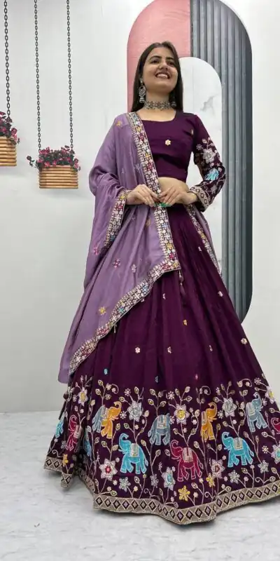 PC 545 Wine Vichitra Silk Lehenga Choli with Lace Border & Lace Work. Special Price ₹3249. Delivery 4-6 Working Days. Shop now. | Bollywood Lehenga, Creative Lehenga, Designer Lehenga, Embroidered Lehenga, Lehenga, Party Wear Lehenga