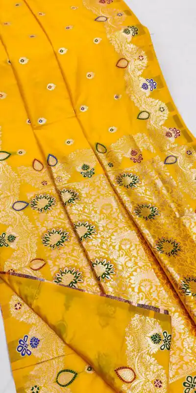 MB 3319 Yellow Color Banarasi Lace Work Gold Zari Border Saree . Available at ₹1849 only. Delivery 4-6 Working Days. Shop now. | Bollywood Sarees, Creative Sarees, Designer Sarees, Embroidered Sarees, Ethnic Saree, Modern Digital sarees, Party Wear Sarees, Sarees