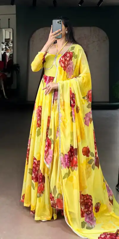 YNF 5103 Yellow Lace Work Gown in Chiffon. Get it for ₹1899. Wedding, Party, Festive, Events Delivery 4-6 Working Days. Shop now. | Bollywood Gowns, Creative Gowns, Designer Gowns, Embroidered Gowns, Gowns, Party Wear Gowns