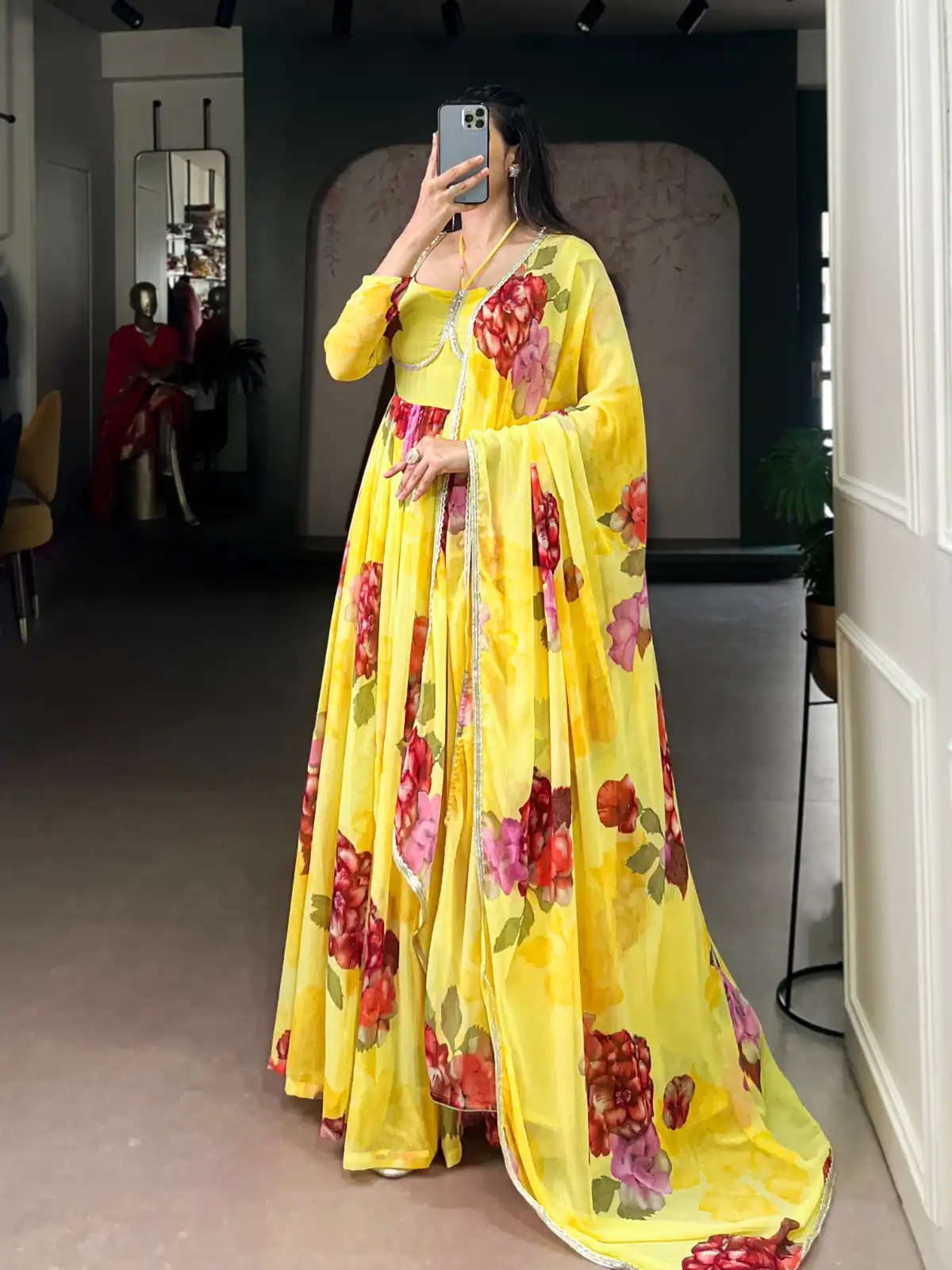 YNF 5103 Yellow Lace Work Gown in Chiffon. Get it for ₹1899. Wedding, Party, Festive, Events Delivery 4-6 Working Days. Shop now. | Bollywood Gowns, Creative Gowns, Designer Gowns, Embroidered Gowns, Gowns, Party Wear Gowns