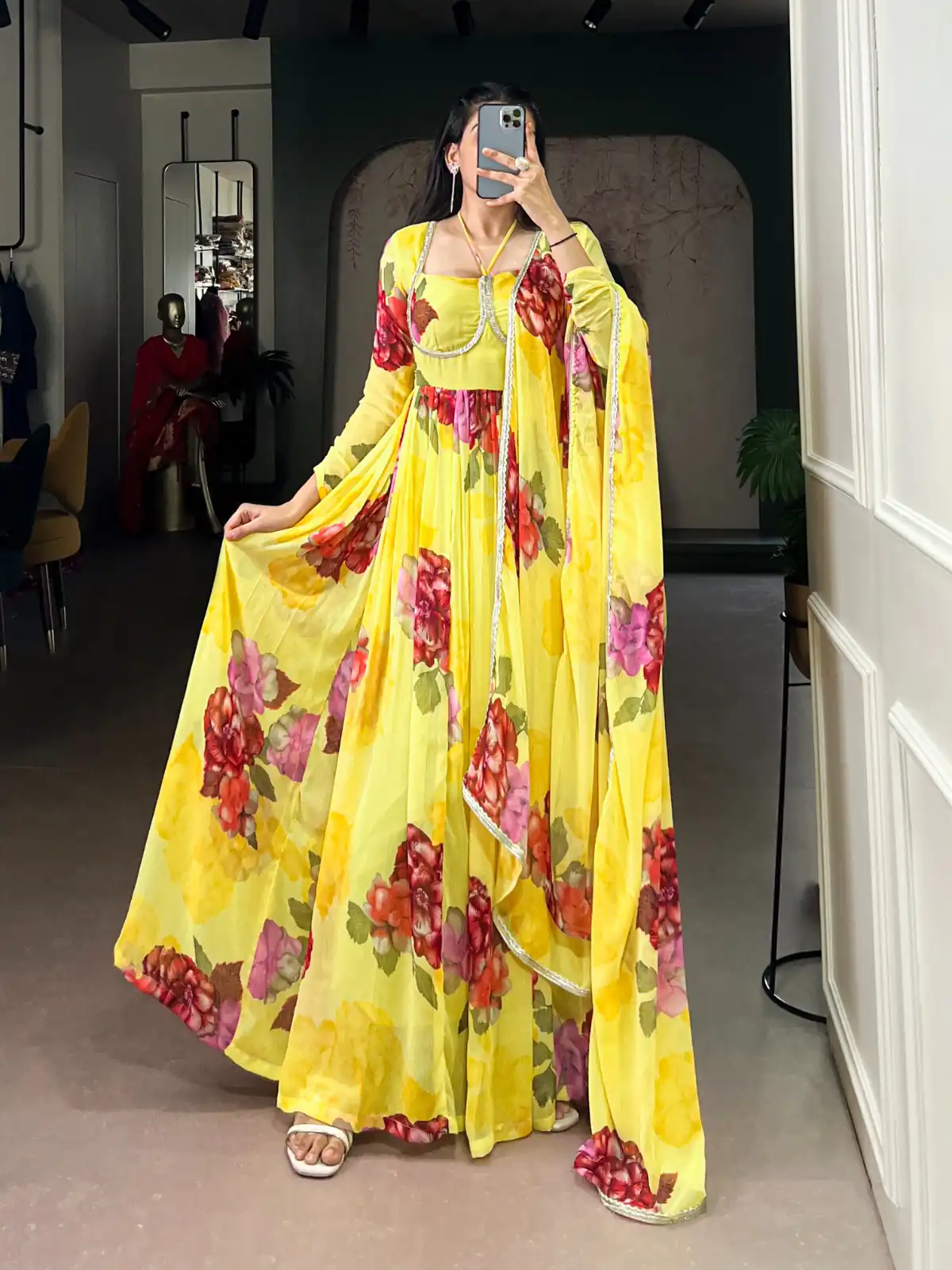 YNF 5103 Yellow Lace Work Gown in Chiffon. Get it for ₹1899. Wedding, Party, Festive, Events Delivery 4-6 Working Days. Shop now. | Bollywood Gowns, Creative Gowns, Designer Gowns, Embroidered Gowns, Gowns, Party Wear Gowns