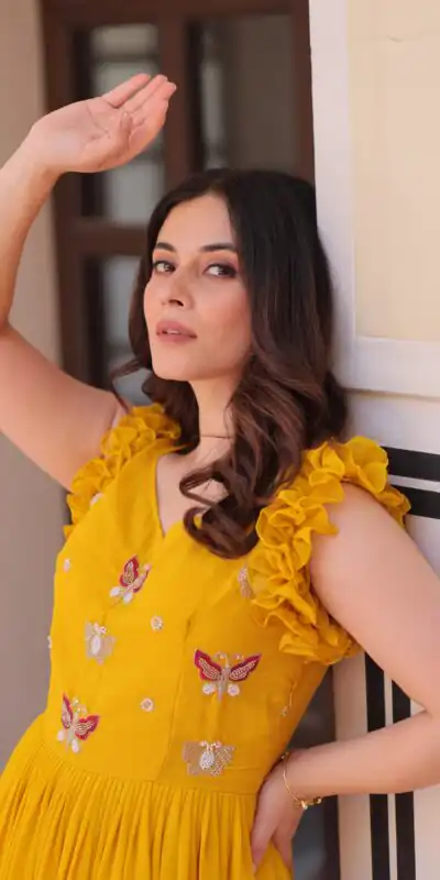 KA 1174 Yellow Faux Blooming Gown Perfect for Wedding, Party, Housewarming, Baby Shower, Raksha Bandhan – . Now at just ₹1699. Delivery 4-6 Working Dasy | Bollywood Gowns, Creative Gowns, Designer Gowns, Embroidered Gowns, Gowns, Party Wear Gowns