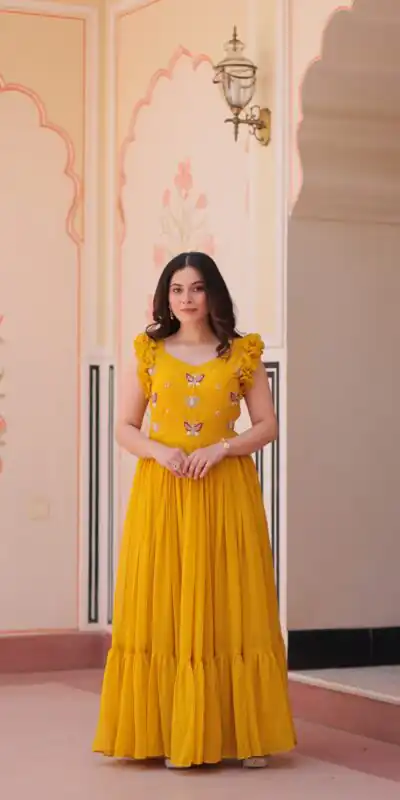 KA 1174 Yellow Faux Blooming Gown Perfect for Wedding, Party, Housewarming, Baby Shower, Raksha Bandhan – . Now at just ₹1699. Delivery 4-6 Working Dasy | Bollywood Gowns, Creative Gowns, Designer Gowns, Embroidered Gowns, Gowns, Party Wear Gowns
