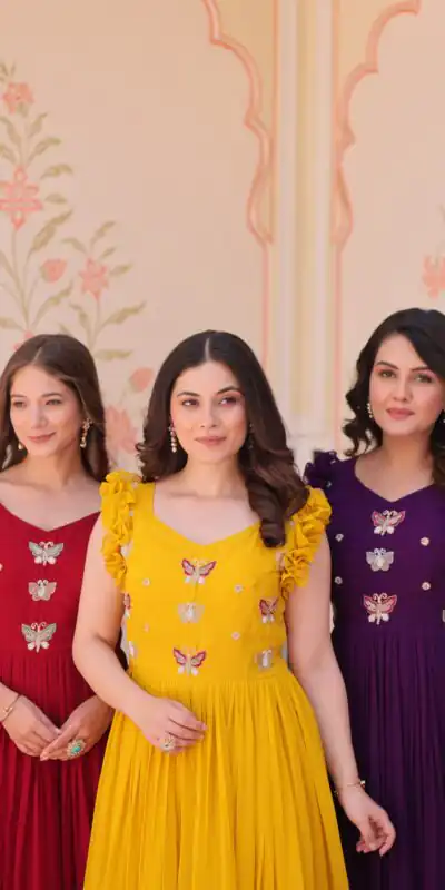 KA 1174 Yellow Faux Blooming Gown Perfect for Wedding, Party, Housewarming, Baby Shower, Raksha Bandhan – . Now at just ₹1699. Delivery 4-6 Working Dasy | Bollywood Gowns, Creative Gowns, Designer Gowns, Embroidered Gowns, Gowns, Party Wear Gowns