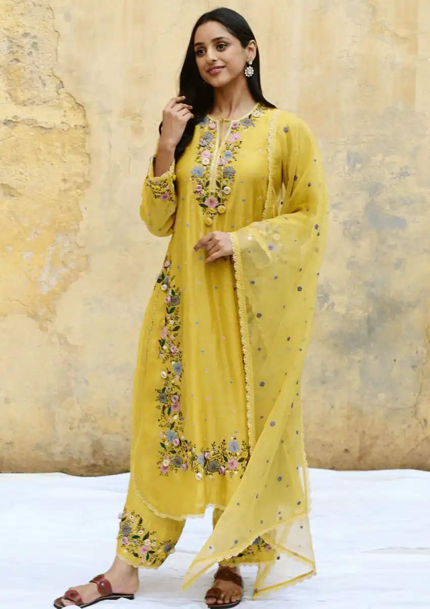 NSR 862 Yellow Faux Georgette Slawar Suit with Embroidery Work & Lace Work. Introductory Price ₹2149. Delivery 4-6 Working Days. Shop now. | Jump Suits, Tops & Bottoms, Track Suits, Trendy Wear, Casual Suits, Creative suits, Designer Suits, Palazzo Suits, Party Wear Suits, Patiala Suits, Salwar suit, Straight Suits