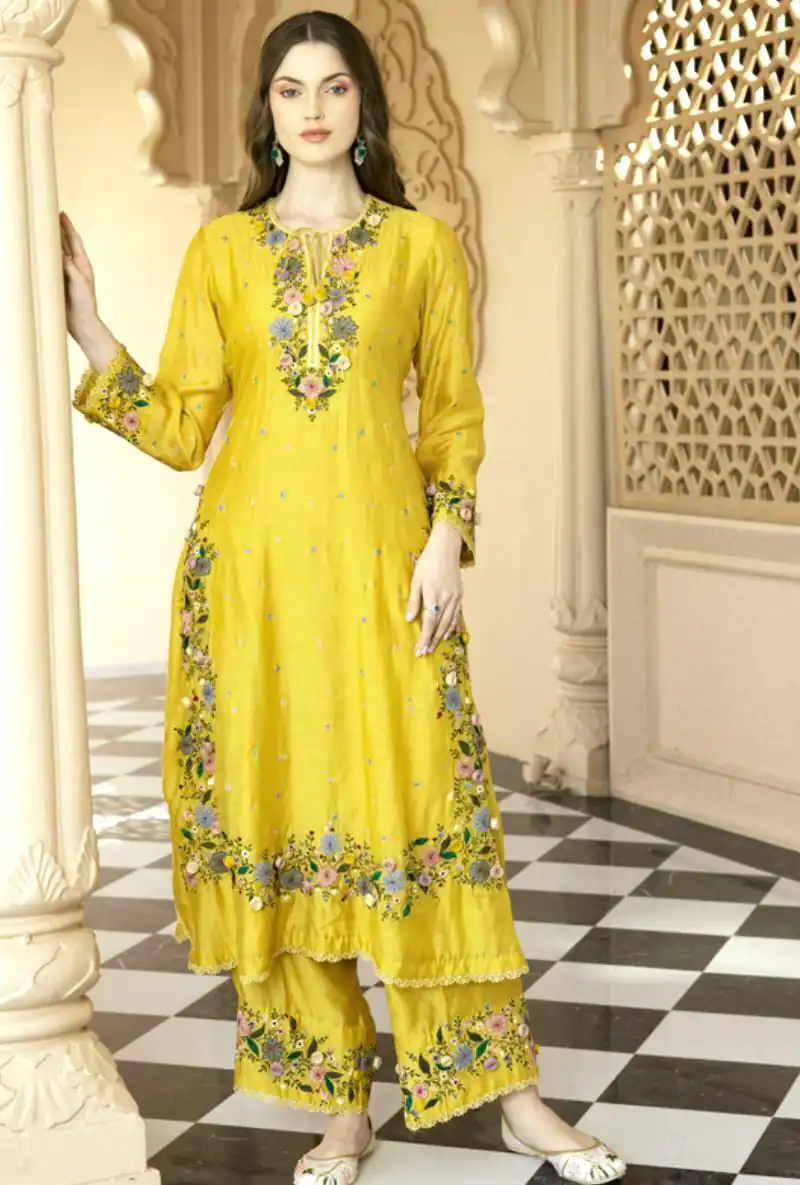NSR 862 Yellow Faux Georgette Slawar Suit with Embroidery Work & Lace Work. Introductory Price ₹2149. Delivery 4-6 Working Days. Shop now. | Jump Suits, Tops & Bottoms, Track Suits, Trendy Wear, Casual Suits, Creative suits, Designer Suits, Palazzo Suits, Party Wear Suits, Patiala Suits, Salwar suit, Straight Suits