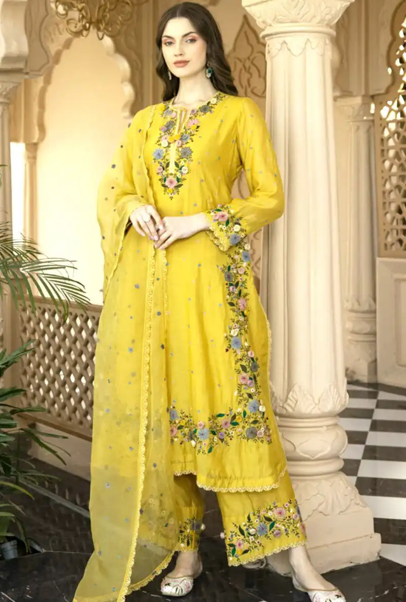 NSR 862 Yellow Faux Georgette Slawar Suit with Embroidery Work & Lace Work. Introductory Price ₹2149. Delivery 4-6 Working Days. Shop now. | Jump Suits, Tops & Bottoms, Track Suits, Trendy Wear, Casual Suits, Creative suits, Designer Suits, Palazzo Suits, Party Wear Suits, Patiala Suits, Salwar suit, Straight Suits
