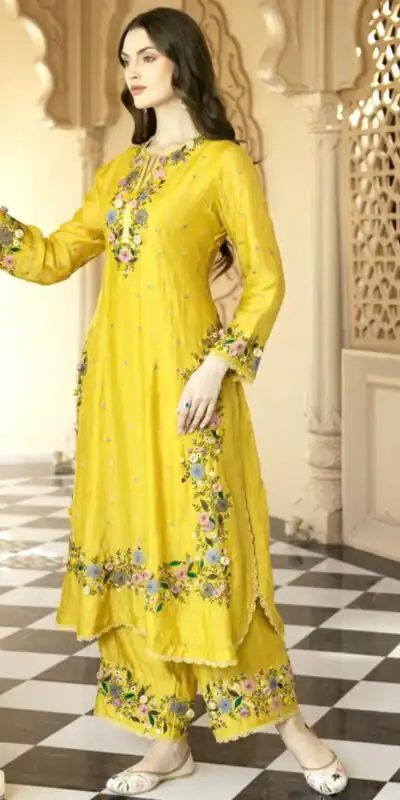 NSR 862 Yellow Faux Georgette Slawar Suit with Embroidery Work & Lace Work. Introductory Price ₹2149. Delivery 4-6 Working Days. Shop now. | Jump Suits, Tops & Bottoms, Track Suits, Trendy Wear, Casual Suits, Creative suits, Designer Suits, Palazzo Suits, Party Wear Suits, Patiala Suits, Salwar suit, Straight Suits