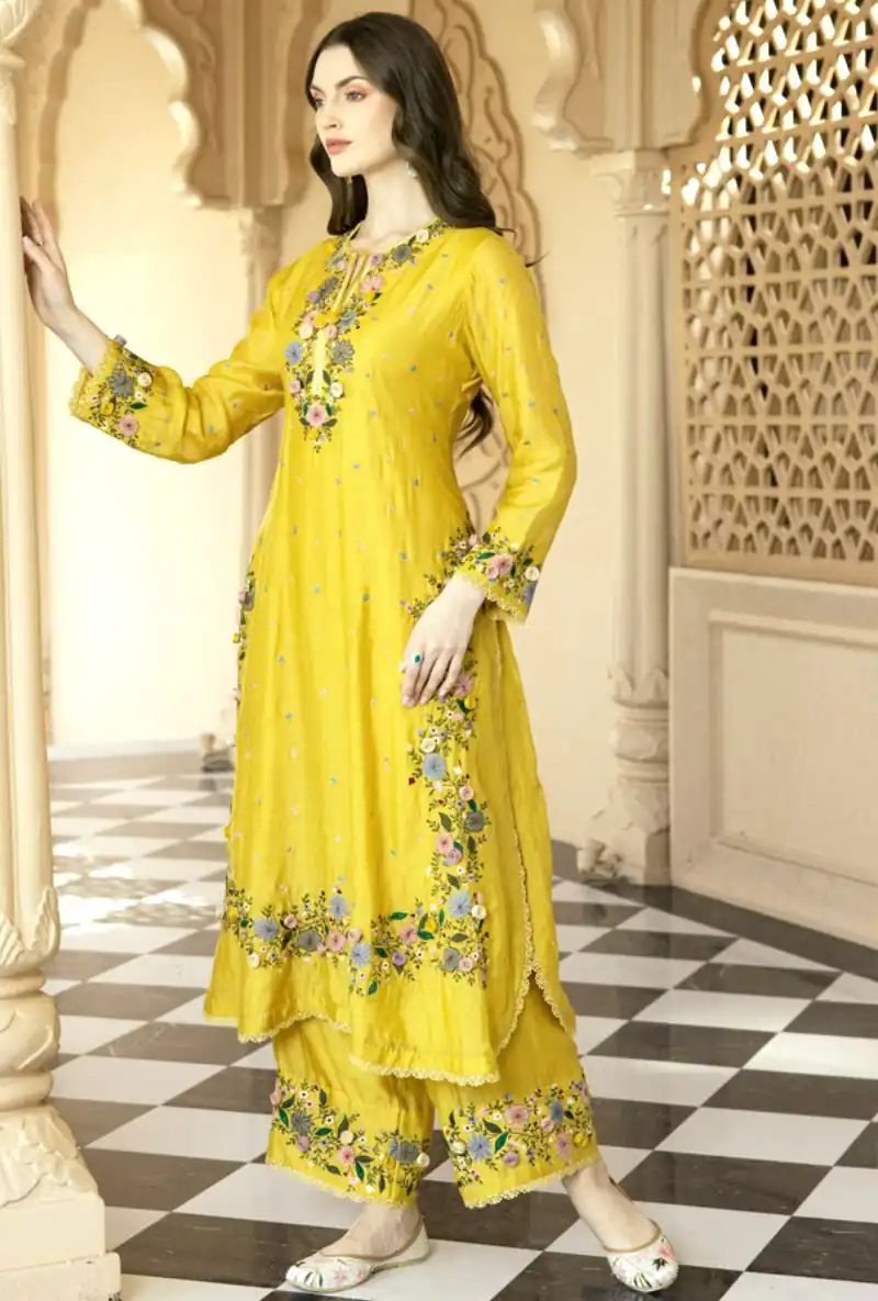 NSR 862 Yellow Faux Georgette Slawar Suit with Embroidery Work & Lace Work. Introductory Price ₹2149. Delivery 4-6 Working Days. Shop now. | Jump Suits, Tops & Bottoms, Track Suits, Trendy Wear, Casual Suits, Creative suits, Designer Suits, Palazzo Suits, Party Wear Suits, Patiala Suits, Salwar suit, Straight Suits