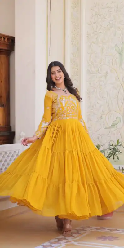 Ram 083 Yellow Fox Georgette Sequence Work Gown . Wedding, Party, Festive, Events Grab it for ₹1749. Delivery 4-6 Working Days. Shop now. | Bollywood Gowns, Creative Gowns, Designer Gowns, Embroidered Gowns, Gowns, Party Wear Gowns