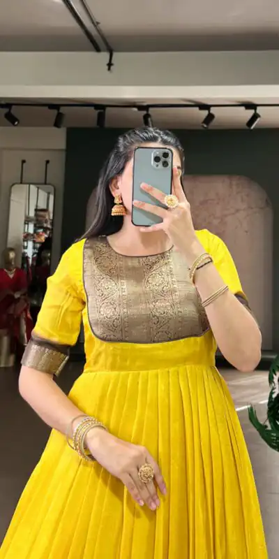 YNF 5012 Yellow Mass Mello Gown with Zari Work. Available at ₹1799 only. Wedding, Party, Festive, Events Delivery 4-6 Working Days. Shop now. | Bollywood Gowns, Creative Gowns, Designer Gowns, Embroidered Gowns, Gowns, Party Wear Gowns