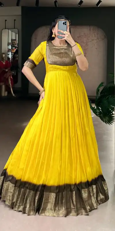 YNF 5012 Yellow Mass Mello Gown with Zari Work. Available at ₹1799 only. Wedding, Party, Festive, Events Delivery 4-6 Working Days. Shop now. | Bollywood Gowns, Creative Gowns, Designer Gowns, Embroidered Gowns, Gowns, Party Wear Gowns