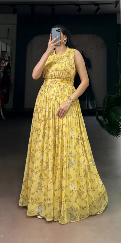 YNF 5200 Yellow Color Weightless Marbal Gown with Designer Work. Available at ₹1649 only. Delivery 4-6 Working Days. Shop now. | Bollywood Gowns, Creative Gowns, Designer Gowns, Embroidered Gowns, Gowns, Party Wear Gowns