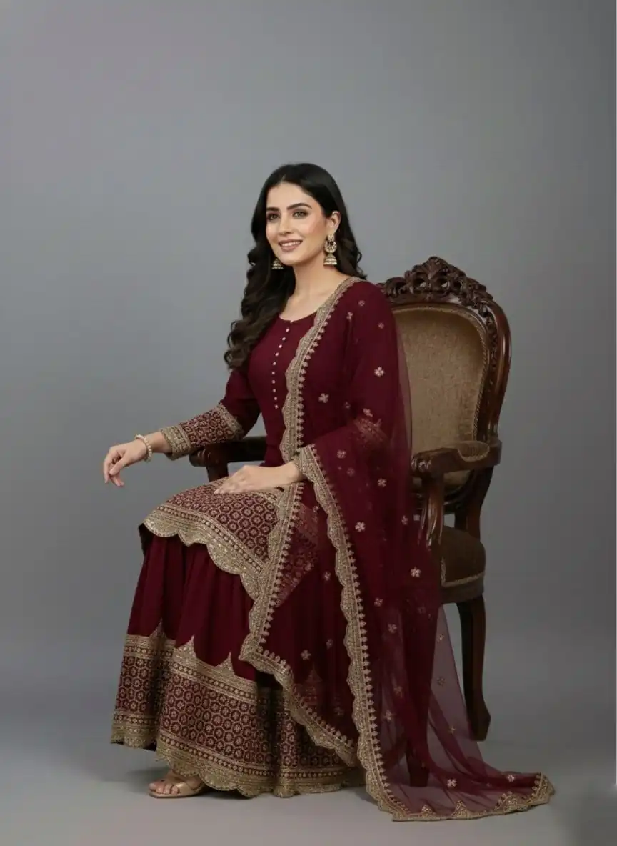 Maroon Faux Georgette Embroider Salwar Suit - Image 3