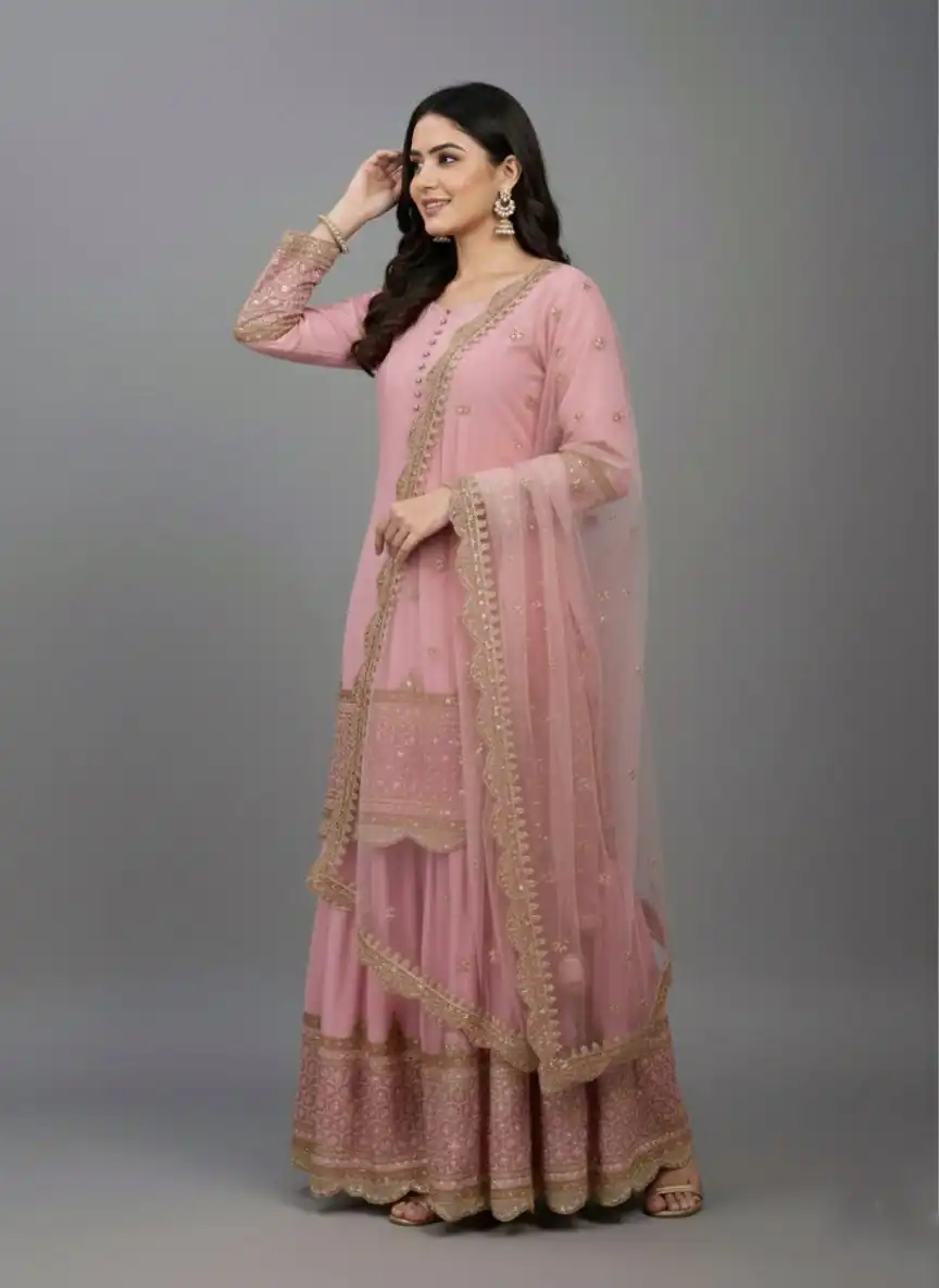 Pink Faux Georgette Embroider Salwar Suit - Image 2