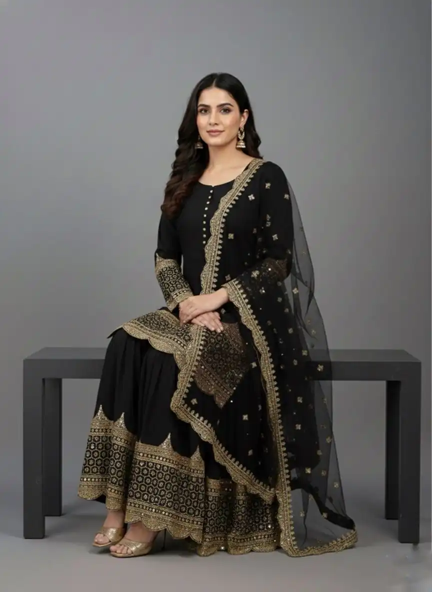Black Faux Georgette Embroider Salwar Suit - Image 3