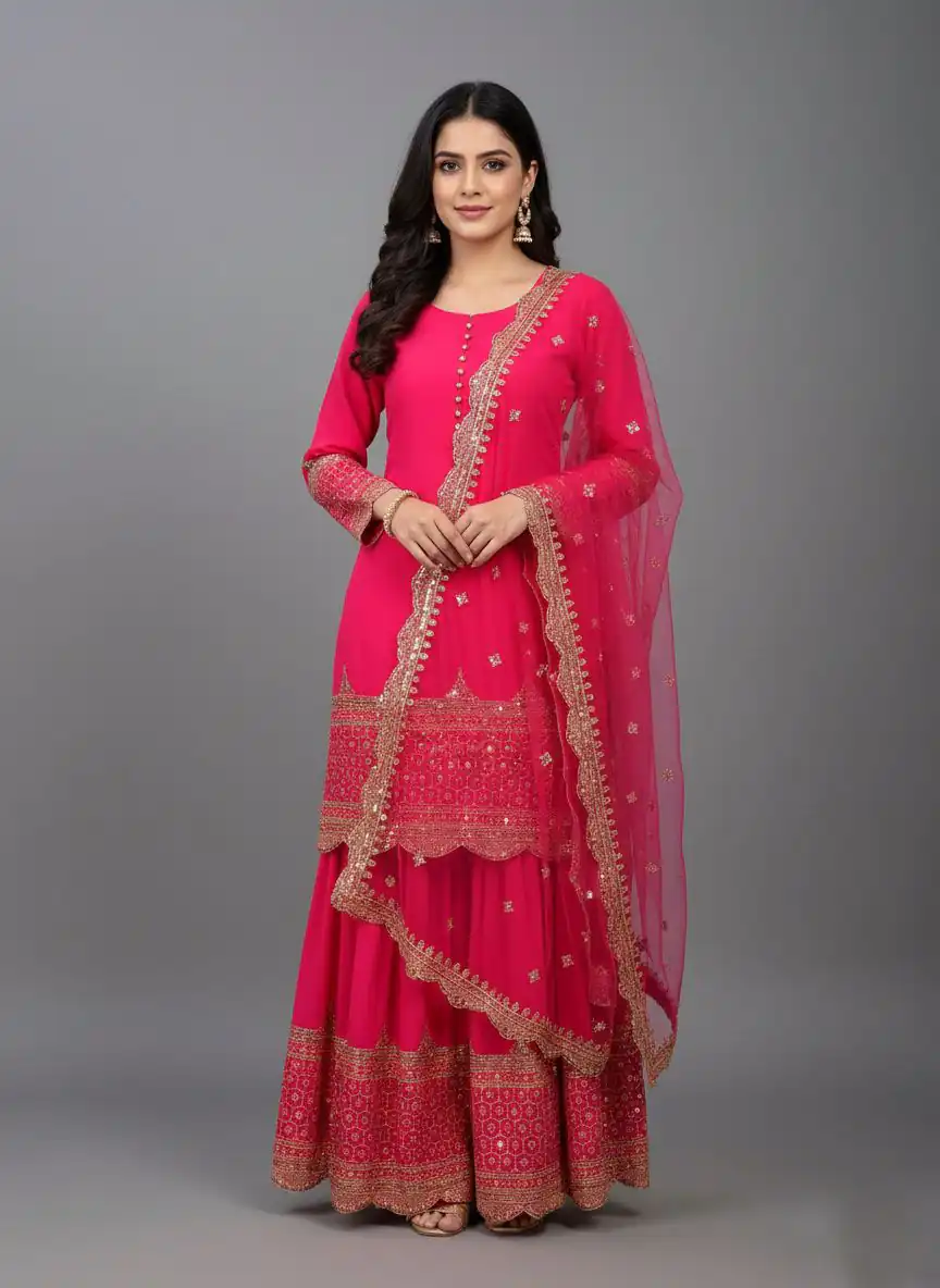 Rani Pink Faux Georgette Embroider Salwar Suit
