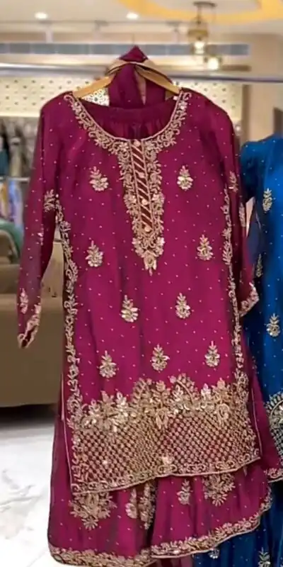 Wine Chinon Silk Embroidery Work Salwar Suit