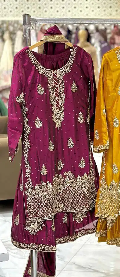 Wine Chinon Silk Embroidery Work Salwar Suit - Image 2