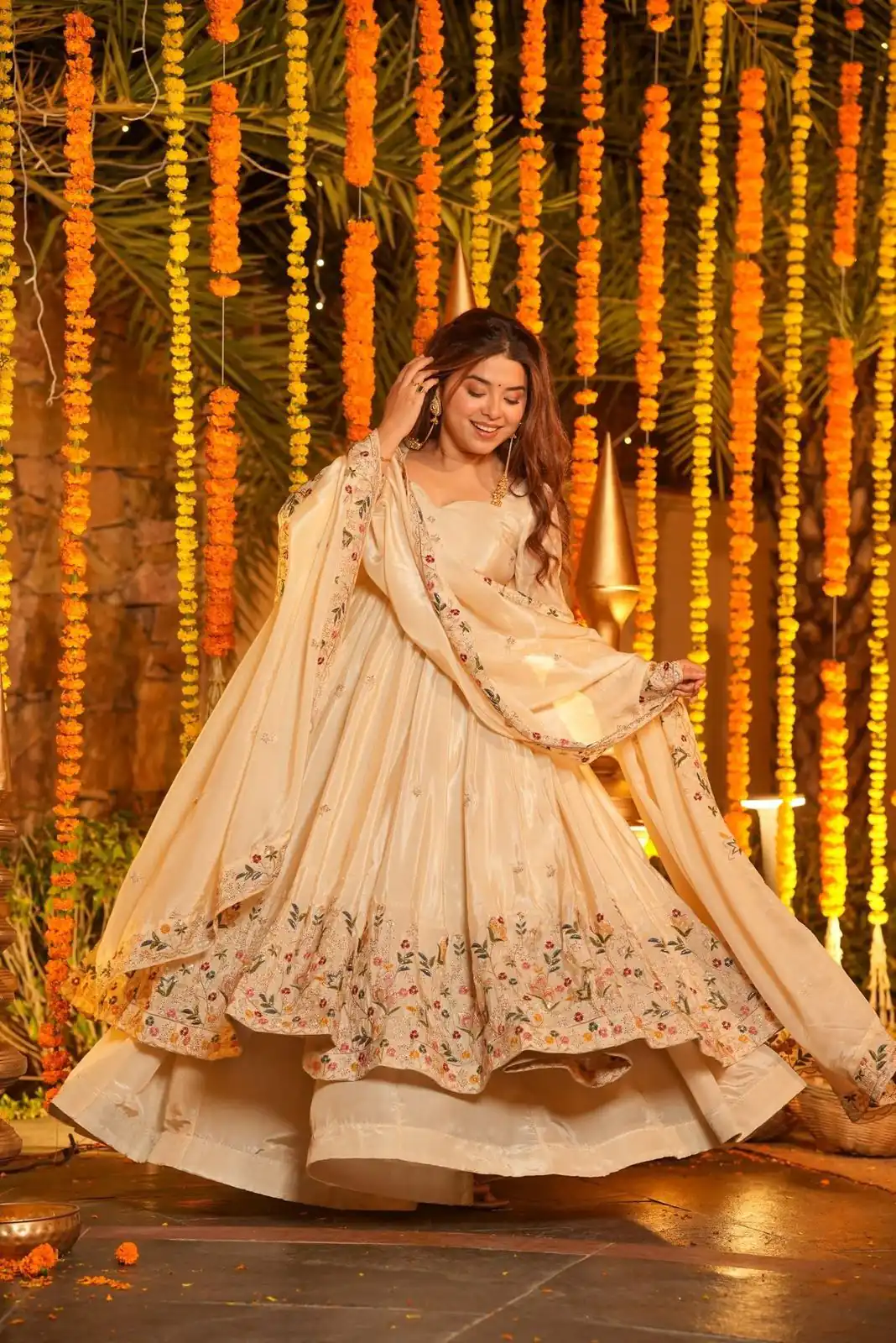 Off White Natural Crap Silk Embroidery Work Anarkali Suit