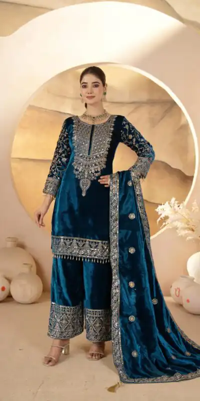 Teal Viscose Velvet With Sequence Work Salwar Suit