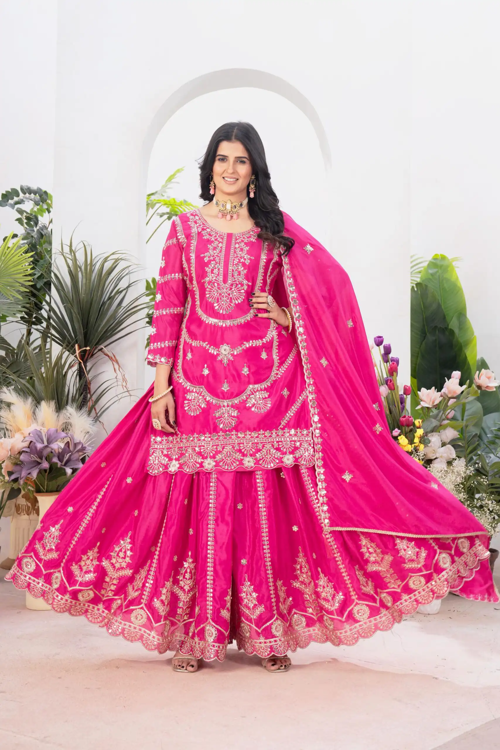 Rani Pink Chinon Silk Embroider Lace Work Salwar Suit
