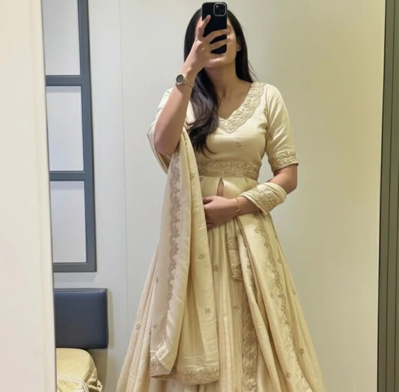 Off White Chinon Silk Thread Work Lehenga Choli - Image 2