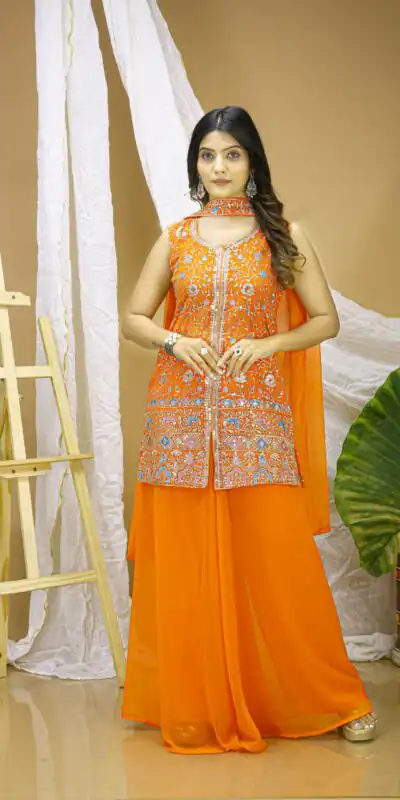 Orange Georgette Embroidery Work Salwar Suit