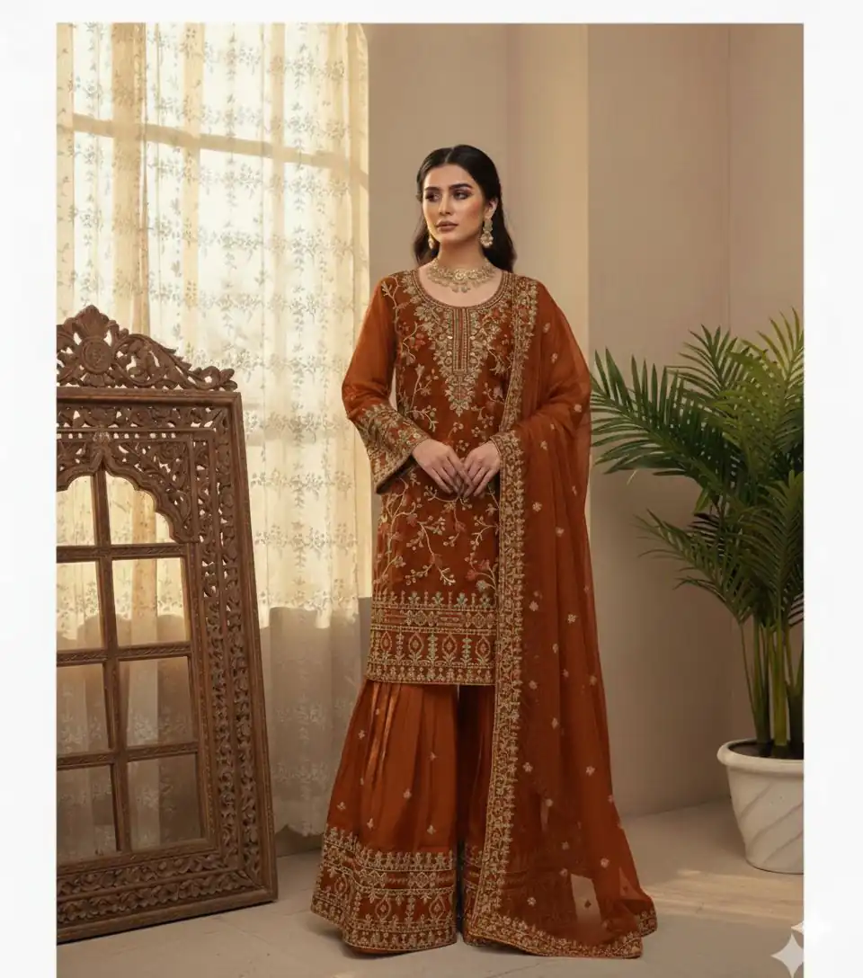 Rust Zimmy Choo Embroidery Work Salwar Suit - Image 2