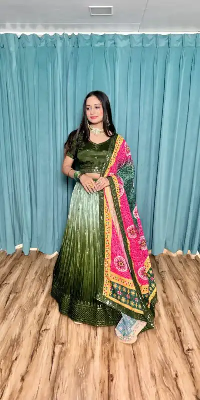 Green Chinon Silk Sequins Work Lehenga Choli