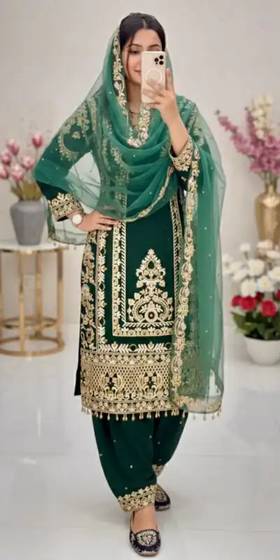 Green Faux Georgette With Embroidery Work Salwar Suit