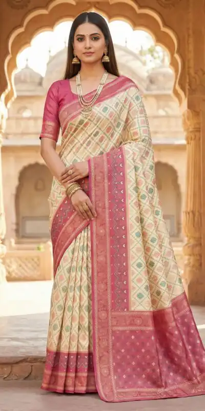 Off White Pochampalli Silk Lace Zari Work Saree
