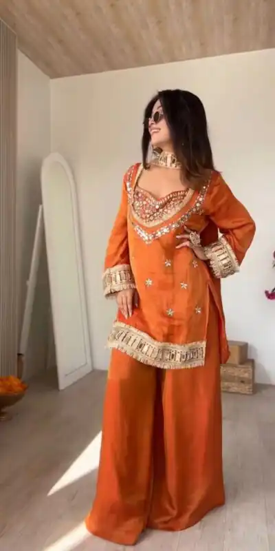 Rust Fendy Silk Mirror Lace Work Salwar Suit