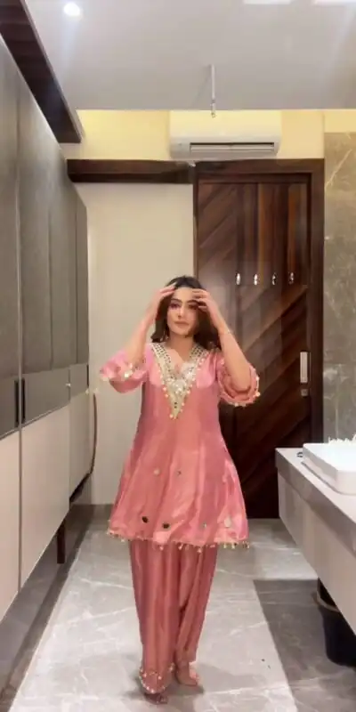 Peach Coss Moss Embroidery Mirror Work Salwar Suit