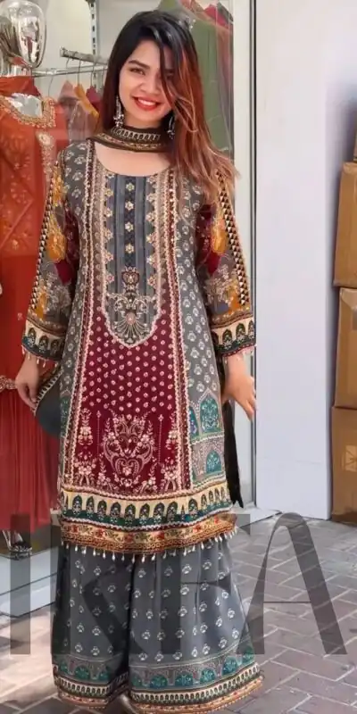 Grey Faux Georgette Mirror Work Print Salwar Suit