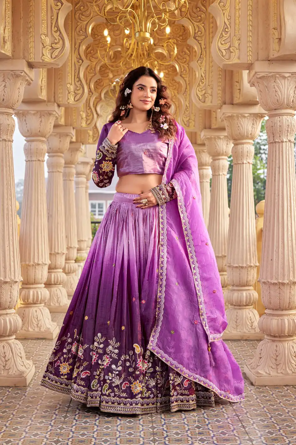 Purple Gold Crush Embroidery Work Lehenga Choli